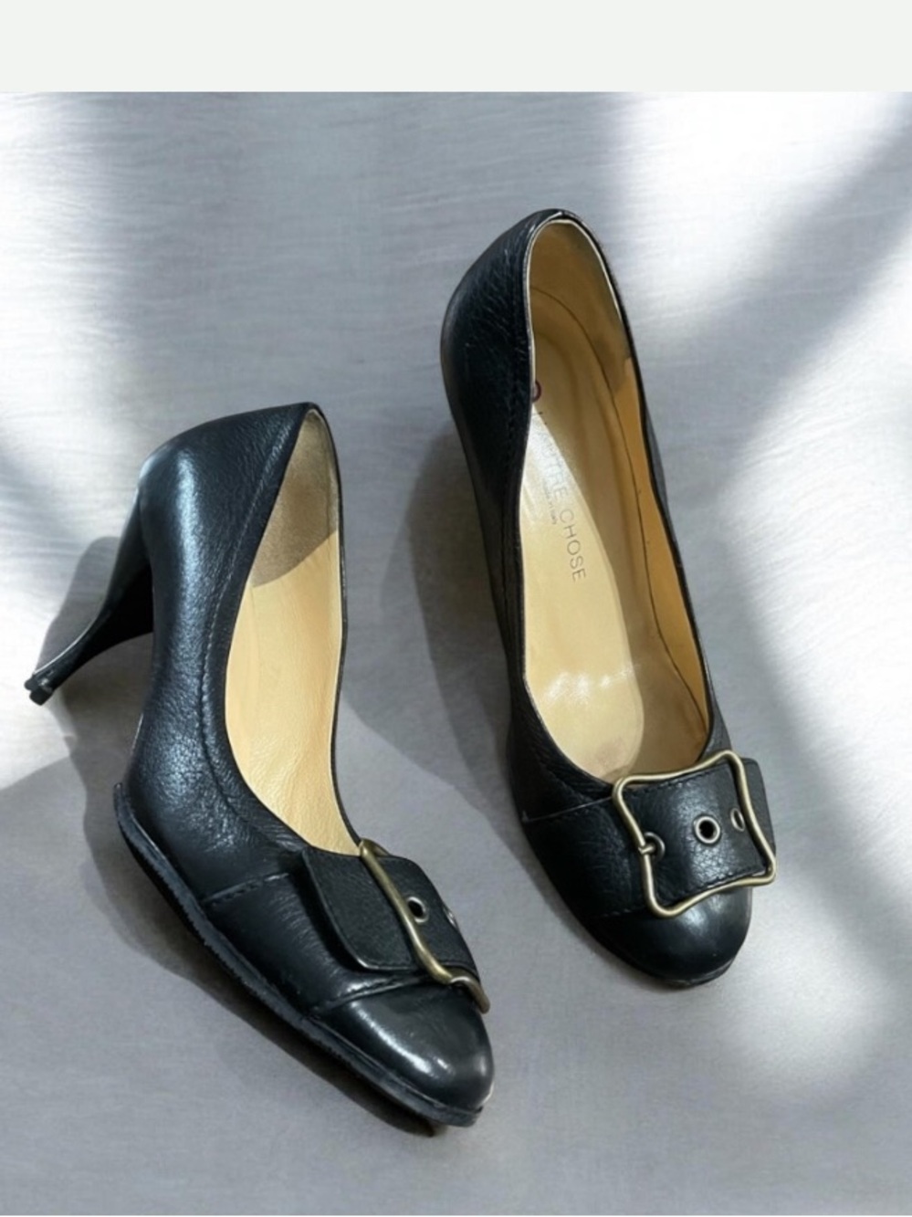 L'Autre Chose Italian Made Black Leather  Heel Pumps Brass Buckles  Size 36.5